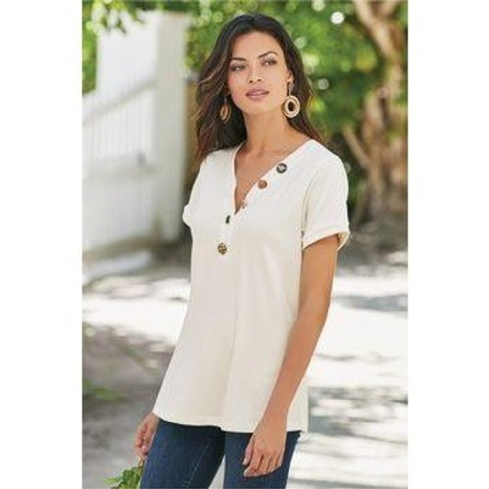 Soft Surroundings Henley Top Womens M White Mixed Button Short Sleeve Shirt‎